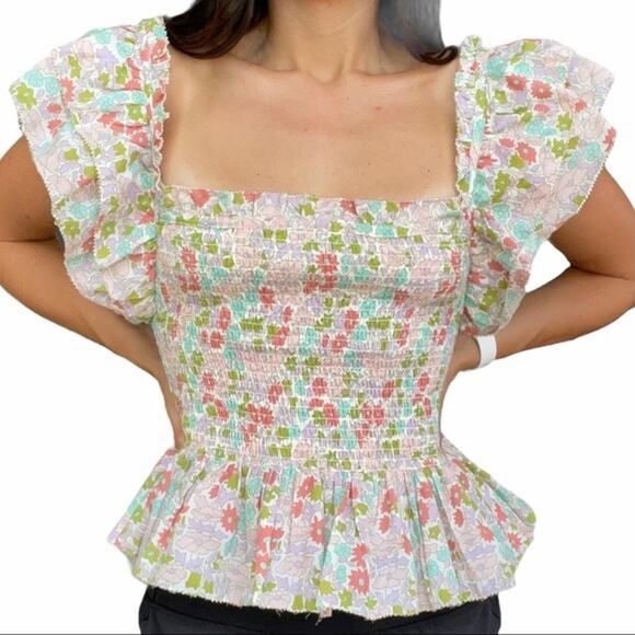 Anthropologie Love the Label Ines Ivory Smocked Bodice Tank Ruffle Short Sleeve - Picture 1 of 5